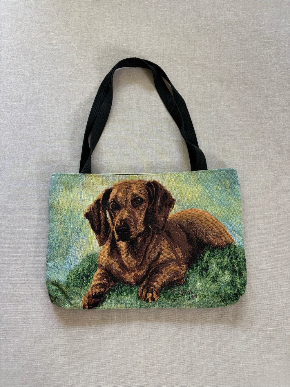 Linda Picken vintage artist woven tapestry dachshund tote bag.